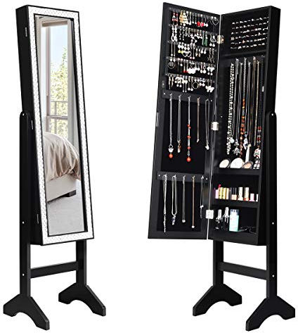 COSTWAY Freistehender Schmuckschrank mit Spiegel, Spiegelschrank mit Verstellbarer Winkel, Glitzernder Rahmen, Standspiegel Schmuckregal Ganzkörperspiegel für alle Arten von Schmuck (Schwarz)