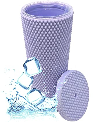 Nadia's Little Treasures Studded Tumbler Straw Lid - Plastic Double Walled Cold Cup for iced Coffee, Water, Slush or Smoothies, Your Home Cinema Cup (Matte Lilac 24OZ/ 700ml)