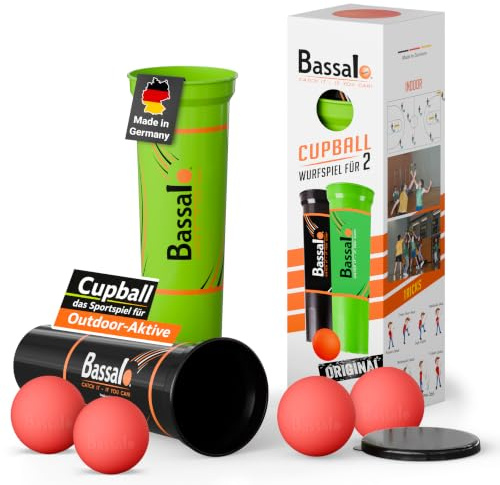BASSALO Cupball 2er Starter-Set Plus inkl. Box - Sportspiel für Kinder, Jugendliche, Erwachsene – 2 Becher, 4 Spielbälle, Spielanleitung