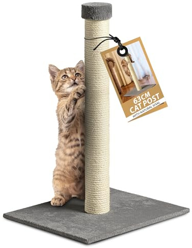 ZENO 63CM Tall Cat Scratching Post | Claw Scratcher Sisal Rope | Carpet Covered Heavy Base | Vertical Full Scratcher | Natural Grey Soft Base