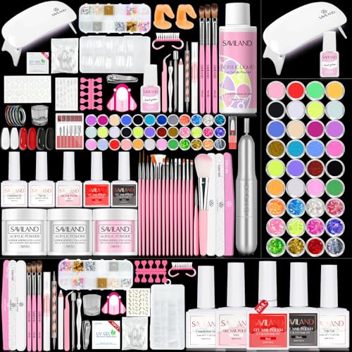 SAVILAND Kit d'Ongles en Acrylique avec Lampe U V : Poudre d'Acrylique et Liquide d'Acrylique pour Ongles, Pinceau pour Ongles en Acrylique, Doigt d'Entraînement, Lime Electrique à Ongles
