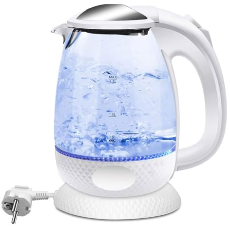 Bollitore acqua elettrico 1.7L, in vetro trasparente, base a 360°, filtro anticalcare rimovibile, 2200 W di potenza (Bianco)