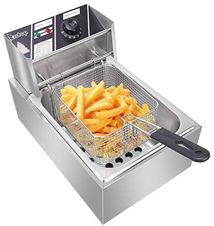 6 Litre Deep Fat Fryer w/Basket & Lid, 2500W Countertop Stainless Steel Commercial Kitchen Fat Fryer Frying Machine for Chips, French Fries, Donuts and More, UK Plug