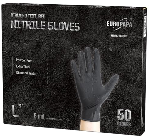 EUROPAPA® 50x extra Dicke Nitrilhandschuhe DiamantGrip Diamant Perfect Grip Einweghandschuhe Montageschutzhandschuhe puderfreier latexfreier Arbeitshandschuhe (6 mil, L, Schwarz)
