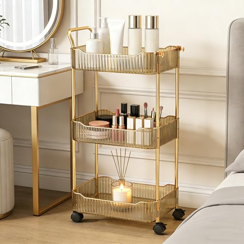 Gold Beauty Trolley on Wheels Acrylic Storage Cart for Bathroom Salon | 2/3/4 Tier Mobile Makeup Organizers Shelves, Rolling Utility Cart, for Kitchen Living Room