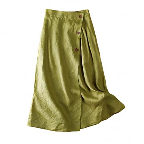 Femmejupe Mi-Longue En Coton Et Lin Chic Et éLéGant Jupe A-Ligne LéGer Et Respirant Jupe EvaséE Boutonné Couleur Unie D'éTé Casual Quotidienne