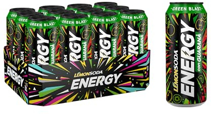 Lemonsoda Energy | Green Blast, Energy Drink con Guaranà, Succo di Mela e Kiwi, 12 Lattine da 50 cl, con Vitamine e Caffeina