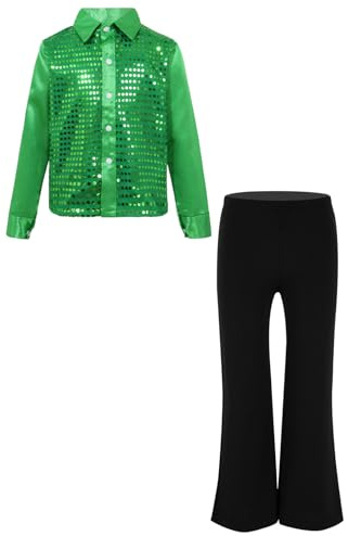 ranrann Enfant Garçon Ensemble Costume Danse Disco Moderne Jazz Latine Chemise Paillette avec Pantalon Evasé Tenue Spectacle 5-14 Ans A Vert 11-12 ans
