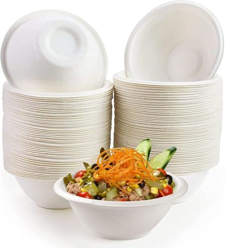 MALLOOM 200 Bols en Papier Jetables, 8oz Bols en Papier Blanc Compostables Bols à Soupe Biodégradables, Bols en Bagasse Naturelle Robustes pour Soupe, Salade, Dessert, Snacks, Glace