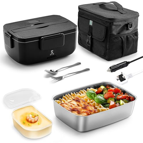 STN Electric Lunch Box Food Heater 2L 80W,12V 24V 220V Heated Lunch Box Set with Cutlery Set,10L Insulated Bags for Car Truck Office