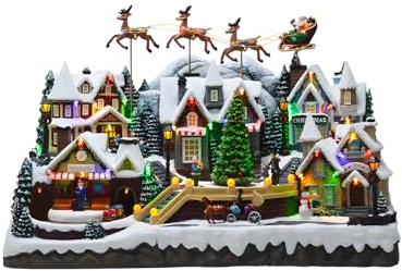 Wintem Villaggio Natalizio con Illuminazione LED e Musica 37x55x33cm - Decorazione Natalizia in Movimento Ideale per Addobbare Casa - Realizzato in Materiali Resistenti e Dipinto a Mano