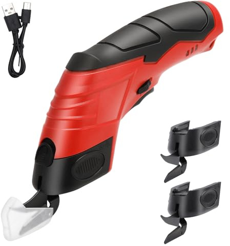 Gugxiom Tijeras eléctricas, cortador de alfombras con 2 cuchillas reemplazables, tijeras eléctricas inalámbricas para cortar tela/cuero/alfombra/cartón, 1+2 hojas rojas, 1 punta de acero de tungsteno