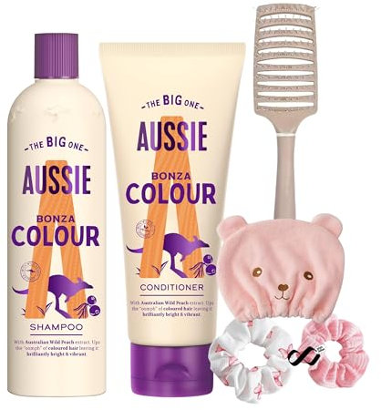 300ml Shampoo And 200ml Conditioner Aussie Colour Bonza Set Bundle With Includes 1 x Detangling Brush 2 x Hair Scrunchies 1 x Hair Drying Cap.