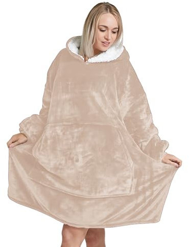 Oversized Hoodie Blanket Unisex Ultra Soft Sherpa Fleece Oodies | Beige Wearable Blanket with Hood & Pockets One Size Fits All, Warm & Cozy Loungewear for Men Women