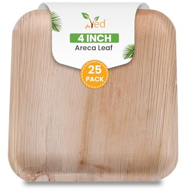 Ved Lote de 25 platos desechables de hoja de areca, ecológicos y biodegradables, de 10 cm (4), cuadrados, extra pequeños, compostables, duraderos y aptos para horno, de bambú para comidas calientes.