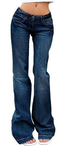 Jeans alla Moda a Gamba Dritta per Donna Elasticizzati a Vita Bassa Jeans a Zampa Larga e Svasati Vintage Lavati Y2k Denim Bootcut con Tasche (Blu Scuro,M)