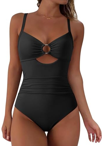 DOULAFASS Women O Ring Cutout Slimming Tummy Control Swimming Costume Crisscross Back Tie Swimsuit One Piece Backless Shape Swimwear