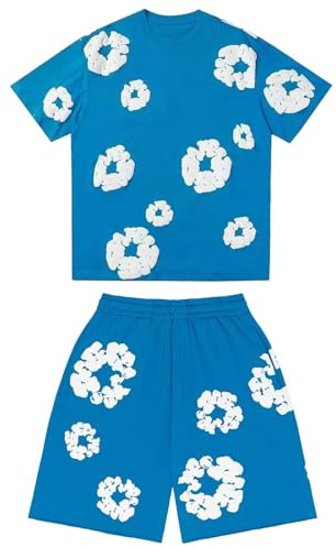 MEIbax Ensemble 2 Pièces T-Shirt et Short d'Été pour Homme Enfant Imprimé Fleuri Y2K Hip Hop Streetwear Ensemble Jogging Décontracté avec Poches (1-Ensemble Blue, 13-14 Years)