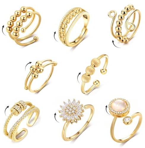 PacuM 8 stycken anti-stressring olika stilar fidgetring guld | Ångest roterande fidgetring justerbara och stapelbara anti-stressringar för flickor kvinnor