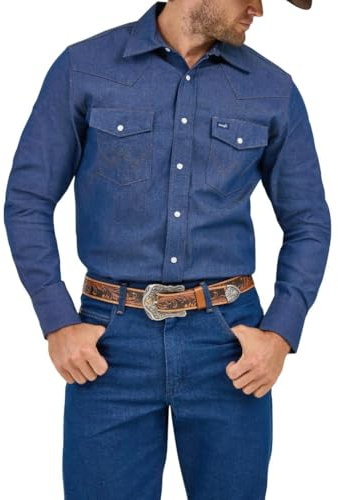 Wrangler Chemise de Travail à Manches Longues en Chambray Western Coupe Cowboy pour Homme, Indigo, 2X Haut