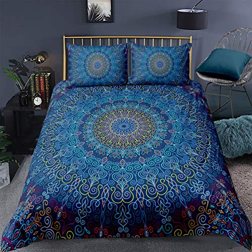 Loussiesd Mandala Duvet Cover Set Double Size Bohemian Boho Bedding Set Ethnic Exotic Floral Print Bedding Set Blue Mandala Flower Bedspread Cover Microfiber Quilt Cover Ultra Soft Zipper Closure
