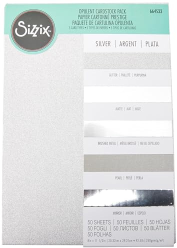 Sizzix Surfacez The Opulent Cardstock Pack, Assorted Finishes, 250gsm - A4 Silver 50 Sheets