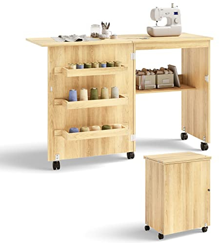 COSTWAY Mesa Maquina de Coser Plegable, 2 en 1 Mueble Maquina Coser con 3 Compartimientos, 1 Estante de Almacenamiento y 5 Ruedas Bloqueables, Mesa de Costura Que Ahorro de Espacio (Natural Claro)