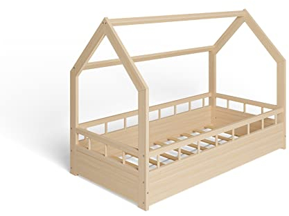 ms factory Hausbett Kinderbett 80x160 cm mit Rausfallschutz und Lattenrost - Einzelbett aus Kiefernholz für Mädchen und Junge - Natur Farblos