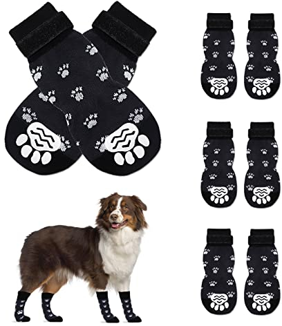 4 Paar Indoor Anti-Rutsch Socken für Hunde,Anti Slip Paw Protectoren Hundesocken,Antirutschsocken Hund Mit Klettverschluss für den Innenbereich auf Hartholzböden (L, Schwarz)