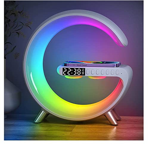 LeeNabao Smart LED Table Lamp, 4-in-1 Wireless Charger, Night Light, Alarm Clock, and Bluetooth Speaker with App Control for Bedroom, Office, and Home Decor (White)