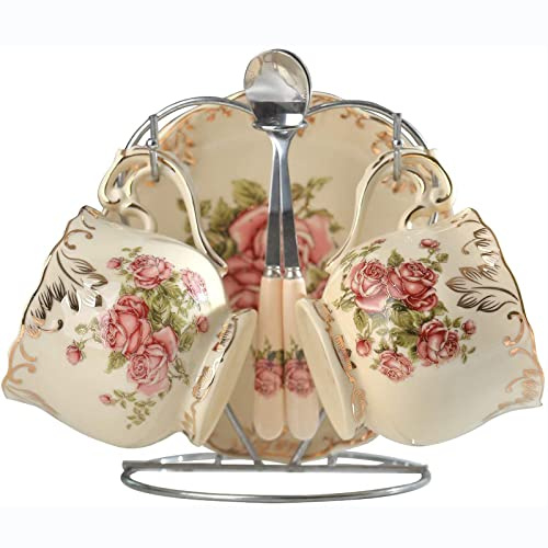 HUAMu Tassen und Untertassen mit Löffeln und Tassenhalter, Vintage-Rosen-Design, feines Porzellan, für Tee, Kaffee, Teetassen, Kaffeetassen, Blumenmuster, für 2 Personen