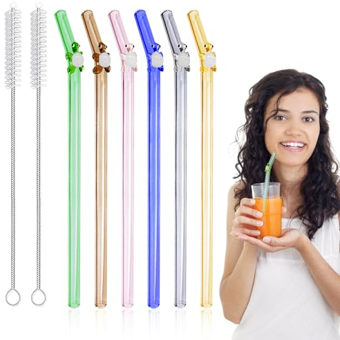 6 Pcs Pajitas Reutilizables Pajitas Cristal con 2 Cepillos Limpiadores Pajitas de Cristal color de 8mm con Tortugas de Colores para Zumos Cócteles Smoothies y Bebidas Calientes
