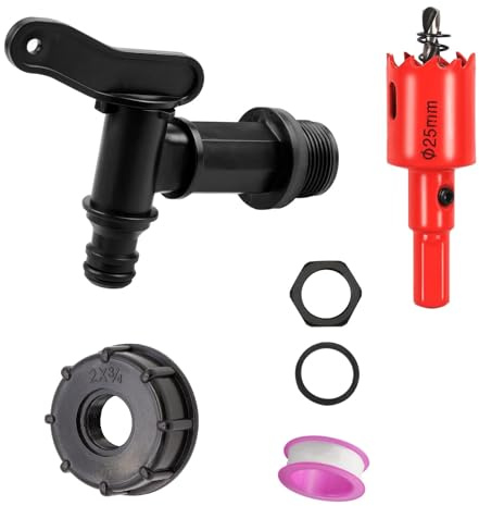 Grifo de desagüe para barril de lluvia, plástico de repuesto, barril de lluvia de 3/4 pulgadas con adaptador S60 x 6 x 3/4 pulgadas, tapa y junta de contratuerca, cinta de sellado para barril de