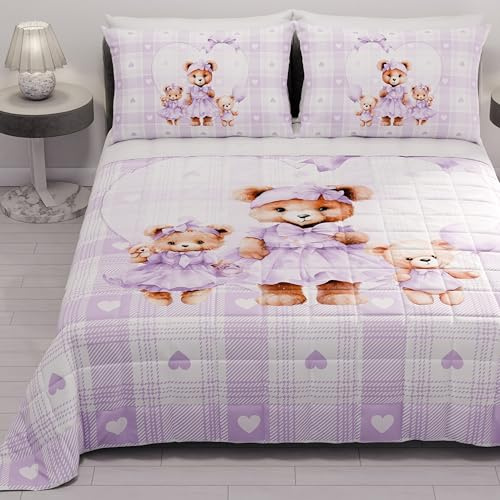 PETTI ARTIGIANI ITALIANI - Colcha Cama 170x260 cm Microfibra, Primavera Verano, Edredón Cubrecama Individual, Colchas Bouti Modernas, Teddy Love Lila, 100% Made in Italy