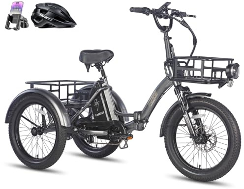 Fafrees F20 Mate E Bike Tricycle, 20 * 3.0 Inch Folding Electric Tricycle for Adults, 48V/18.2Ah Removable Battery, Rear Rack, Electric Cargo Tricycle for Senior, 25KM/H, Range 110KM (Grey)