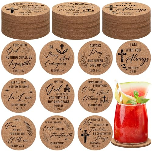 Hushee 50 Pcs Christian Church Gifts Bulk Coasters with Bible Verses 4 Christian Coasters Bulk Christian Cork Drink Coasters Set for Adults Home Indoor Pastor Teacher Family Sunday Church Present