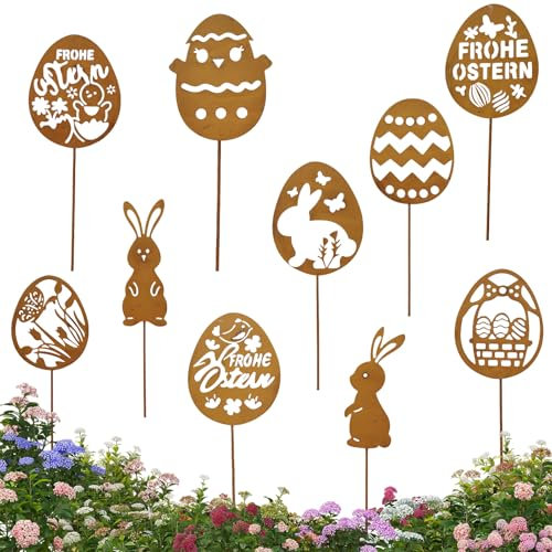 CHENBOOW Piquet de Jardin en Métal Rouillé,10 Pièces Piquets de Jardin de Pâques,Oeufs de Pâques Rouillés,Œufs de Pâques Décoration de Jardin en Métal,pour Extérieur Piquets de Rouille de Lapins