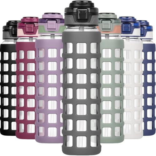 Ferexer Glass Water Bottle 1 litre / 660ml with Handle Straw Flip lids, leakproof, BPA free Water Bottle,Sustainable Borosilicate Glass, with Silicone Sleeve Sports Glass Drinking Bottle Grey