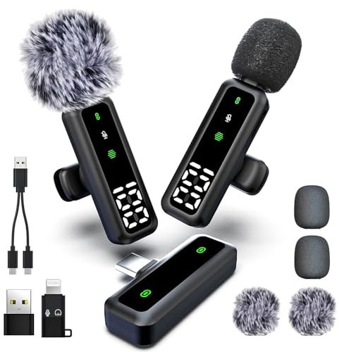 Wireless Lavalier Microphone with LED Display, Lavalier Microphones Clip on Mic With Noise Reduction, for Video Recording, Tiktok, Youtube, Vlog Podcast Content Creator (Shiny black)