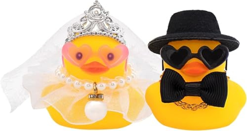 Set de 2 Patos de Goma Novios para Boda, Regalo para Novios, Recuerdos de Boda, Decoración de Fiesta, Patitos de Goma Pequeños con Sombrero y Velo, Juguetes de Baño Divertidos, para Decorar Tartas