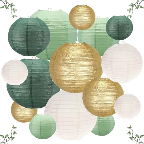 Cinesi Lanterne di Carta Colorate da Appendere 15 Pz Cinese Lanterna da Esterno Lanterne Rotonde Paralumi per Decorative Matrimonio Compleanni Feste Oro Avorio Verde Salvia (6, 8, 10)