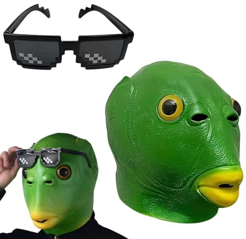 Maschera di pesce,testa di pesce verde,maschera di lattice animale realistico,copricapo maschera di pesce verde,incluso un paio di occhiali divertenti,costume di carnevale di Halloween