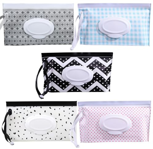 Wet Wipe Pouch, 5pcs Portable Wet Wipe Pouch Dispenser, Refillable Personal Travel Clutch Dispenser Refillable Travel Wet Wipe Pouch Bags Travel Wet Wipes Pouch for Adult