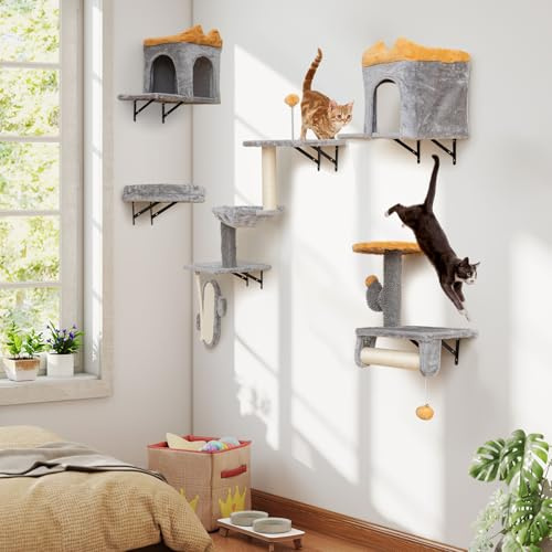 COSTWAY 6 PCS Kletterwand Katzen, Kratzbaum mit Ball & Plattformen, 2 Katzenhöhlen, 3-stöckiger Katzenturm mit Hängematte, 1 Bett & 1 Kratzbrett, Katzenbaum Wand, Katzentreppe Kletterbaum, Grau