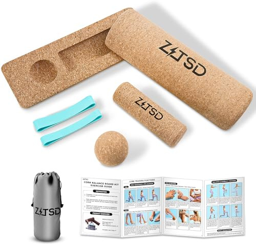 ZITSD Natural Cork Balance Board Kit - 4-in-1 Foot & Ankle Training Set with 2 Balance Boards,Mini Roller, Massage Ball & Toe Resistance Bands - Portable Balance Trainer for Runners, Athletes & Seniors - Tan