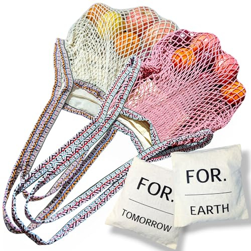 FOR. Earth and Tomorrow 2-Pack Reusable Mesh Grocery Bags – Foldable Cotton Net Totes with Jacquard Straps & Reversible Pouch