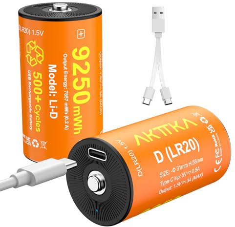 AKTTKA Batterie ricaricabili al litio D (confezione da 2), 9250 mWh ricaricabili agli ioni di litio D, con cavo di ricarica USB C 2 in 1, batterie D da 1,5 V, per proiettori, giocattoli e scaldabagno