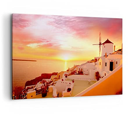 Bilder auf Leinwand 100x70cm Leinwandbild Santorini Griechenland Urlaub Groß Wanddeko Bild Schlafzimmer Küche Deko Wandbilder Dekoration Wohnzimmer Wall Decor Canvas Wand Kunstdruck Art AA100x70-2691