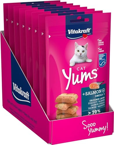 Vitakraft Cat Yums, Katzensnack, mit Lachs, extra fleischig, mit sichtbarer Füllung, unterstützen Haut und Fell, in Vorratsgröße, im wiederverschließbaren Beutel (9x 40g)