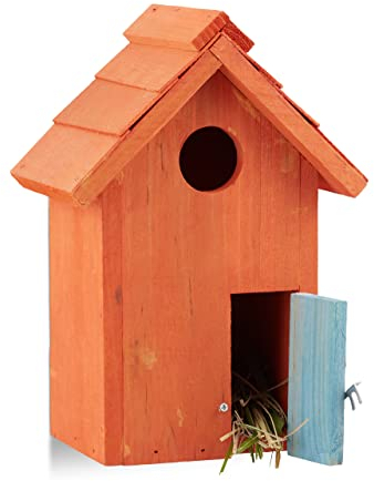 Relaxdays Nistkasten, Vogelhäuschen, Holz, Tür, aufhängen, kleines Flugloch, Singvögel, HBT: 24,3 x 17 x 12 cm, orange